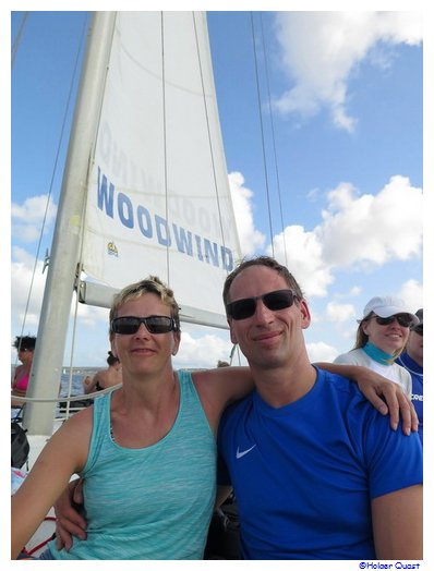Ela und Holger an Bord des Woodwind Trimarans